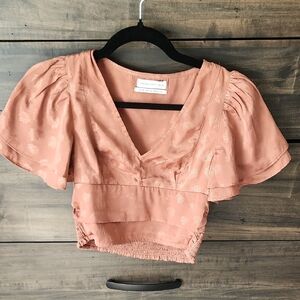 Pink Crop Blouse with Flutter Sleeves and Ruffled Details